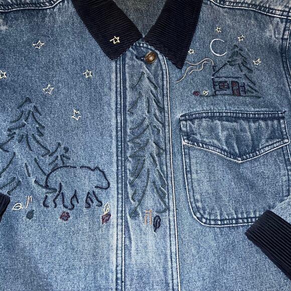 Christopher & Banks Denim and Corduroy  rustic holiday embroidered coat sz Med - Picture 3 of 9